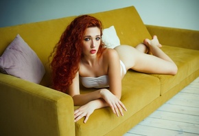 women, redhead, red lipstick, ass, white panties, white lingerie, yellow couch, lying on front