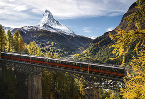 Швейцария, Церматт, осень, железная дорога, мост, лес, горы