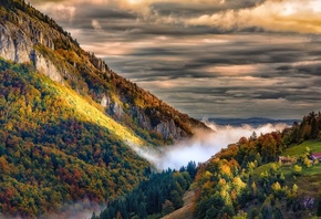 осень, небо, пейзаж, горы, тучи, природа, туман, дома, долина, деревня, лес ...