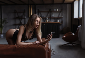 women, cellphone, chair, black lingerie, kneeling, sneakers, ass, window, garter belt, plants, brunette, couch