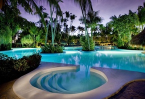 Интерьер, бассейн, отель, тропики, пальмы