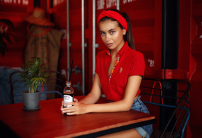 women, Dmitry Arhar, chair, table, plants, jean shorts, sitting, portrait, hair band, ponytail, bottles, pink lipstick