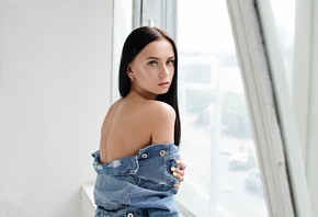 women, portrait, denim, window, bare shoulders, pink lipstick, painted nails