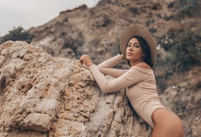 women, hat, brunette, women outdoors, one-piece swimsuit, rocks, ass, bare shoulders