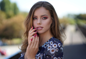 women, face, portrait, women outdoors, red nails, depth of field, make up, long hair