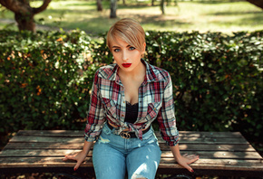 women, blonde, red lipstick, torn jeans, plaid shirt, trees, women outdoors ...