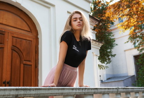 women, blonde, door, pink skirt, black t-shirt, women outdoors, painted nails, necklace