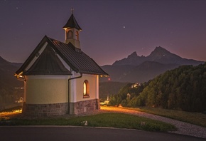 пейзаж, горы, ночь, дорожки, Германия, освещение, Альпы, часовня, Berchtesg ...