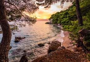 David Bartus, море, деревья, пейзаж, закат, природа, камни, побережье, Адриатика, Адриатическое море