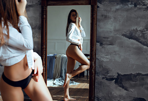 women, black panties, wall, belly, white shirt, ass, mirror, reflection, br ...