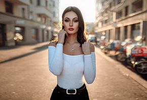 women, belt, women outdoors, portrait, red lipstick, necklace, bare shoulders