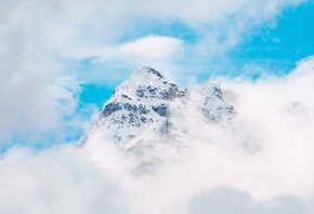 вершина, горы, снег, облака