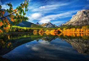 осень, пейзаж, Perry Hoag, Канада, озеро, отражение, горы, скалы