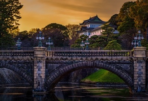 деревья, пейзаж, мост, река, здание, вечер, Япония, Токио, фонари, дворец