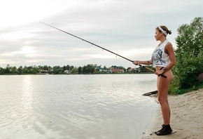 women, fishing rod, ass, sneakers, water, hoop earrings, black panties, smi ...