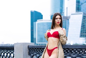 women, red lingerie, building, belly, ribs, red lipstick, pierced navel, women outdoors, coats, looking away