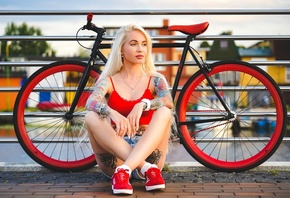 women, tattoo, sitting, bicycle, necklace, sneakers, long hair, women outdo ...