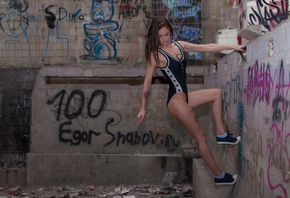 women, one-piece swimsuit, abandoned, women indoors, socks, sneakers, tatto ...