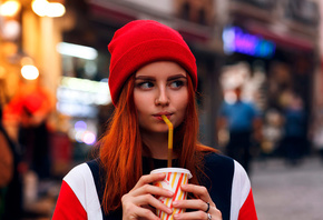 women, bonnet, redhead, face, portrait, blue eyes, looking away