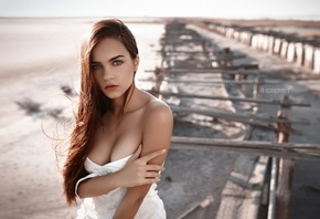 women, gray eyes, boobs, white dress, women outdoors, Ivan Sheremet, long h ...