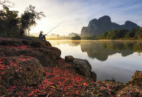 пейзаж, горы, природа, камни, человек, рыбак, Таиланд, залив