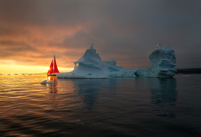 Гренландия, пейзаж, океан, айсберг, льдина, парусник, закат