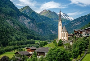 Горы, Церковь, Дома, Австрия, Heiligenblut, Альпы, Природа