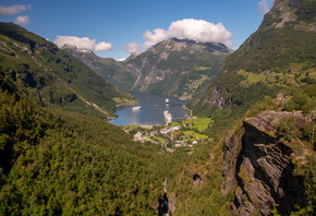Норвегия, Горы, Причал, Дома, Geirangerfjord, Залив, Природа