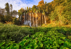 waterfall, evening, sunset, autumn, beautiful waterfall, Plitvice Lakes National Park, Croatia