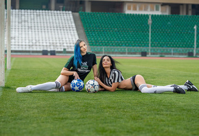 women, football stadium, grass, two women, women outdoors, blue hair, dyed  ...