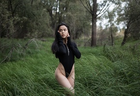 women, trees, bodysuit, leotard, women outdoors, nature, zipper, ass, looki ...