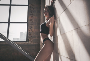 women, Anton Harisov, ass, wall, black lingerie, belly, window, brunette, b ...