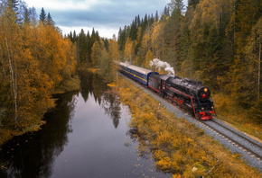 осень, лес, пейзаж, природа, парк, рельсы, поезд, железная дорога, Карелия, ...