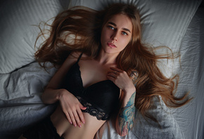 women, top view, Sergey Fat, belly, black lingerie, tattoo, painted nails, pillow, in bed, lying on back, portrait, long hair