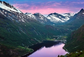 mountains, landscape, river, snow on the mountains