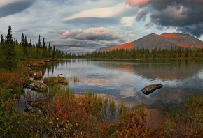 осень, облака, пейзаж, закат, горы, природа, озеро, растительность, Хибины, ...