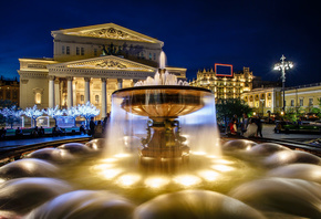 город, вечер, освещение, подсветка, площадь, Москва, фонтан, Большой театр