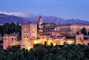 пейзаж, горы, природа, город, вечер, освещение, крепость, архитектура, Испания, дворец, Гранада, Альгамбра