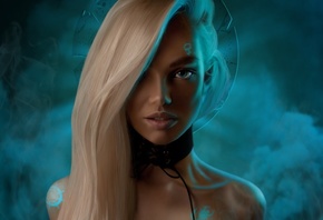 women, blue eyes, Photoshop, blonde, smoke, neon, long hair