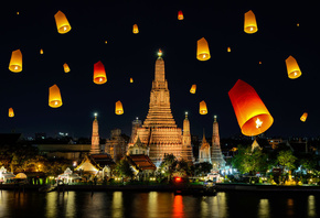 ночь, город, река, праздник, вечер, Таиланд, храм, фонарики, фестиваль, Wat Arun, Чао Прайя, Ват Арун, Бангкок