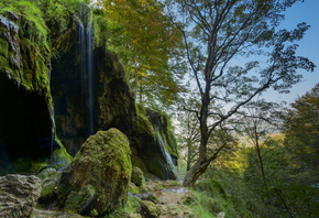 деревья, природа, камни, водопад, мох, Александър Сандев, пейзаж скала