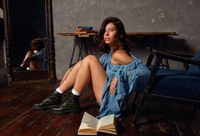 women, blue dress, brunette, mirror, reflection, chair, books, shoes, woode ...