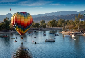 пейзаж, горы, озеро, воздушные шары, лодки, Аризона, США, фестиваль, Лейк-Хавасу-Сити, Lake Havasu City