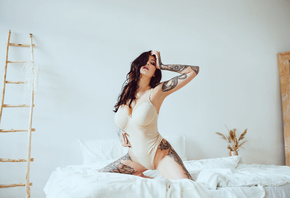 Evgenia Talanina, women, kneeling, in bed, ladders, tattoo, closed eyes, body lingerie, pillow, wall, armpits