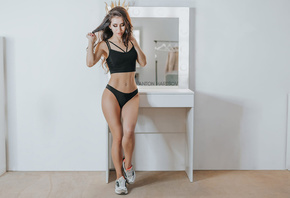 women, Anton Harisov, black panties, tank top, belly, brunette, sneakers, m ...