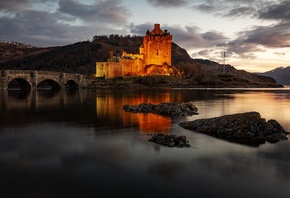 Мост, Замкок, Вечер, Шотландия, Eilean, Donan, Castle, Kyle of Lochalsh, Залив