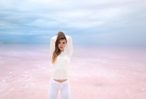 women, Vitaly Skitaev, white clothing, jeans, sky, clouds, women outdoors, water, hands on head