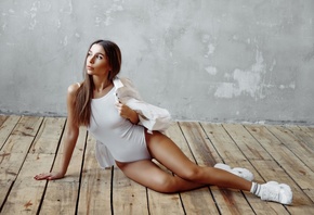 women, sitting, wall, wooden floor, White socks, sneakers, looking away, bo ...