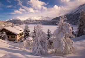 зима, снег, деревья, пейзаж, горы, природа, дом, Швейцария, ели, коттедж, л ...