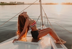 women, yacht, jean shorts, water, belly, belt, long hair, women outdoors, b ...